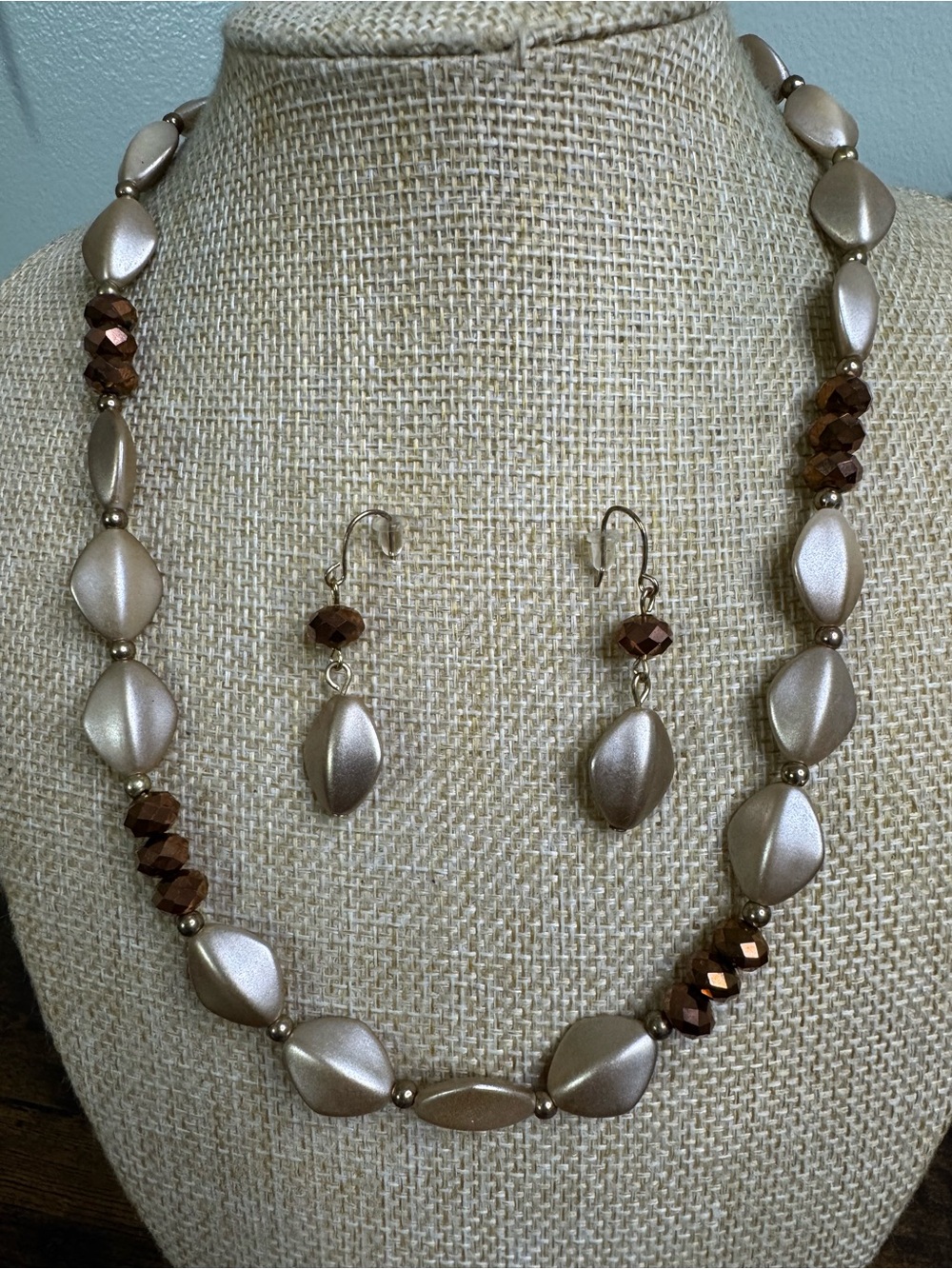 Pearl-Tone Bead Necklace & Earring Set - Gold Taupe